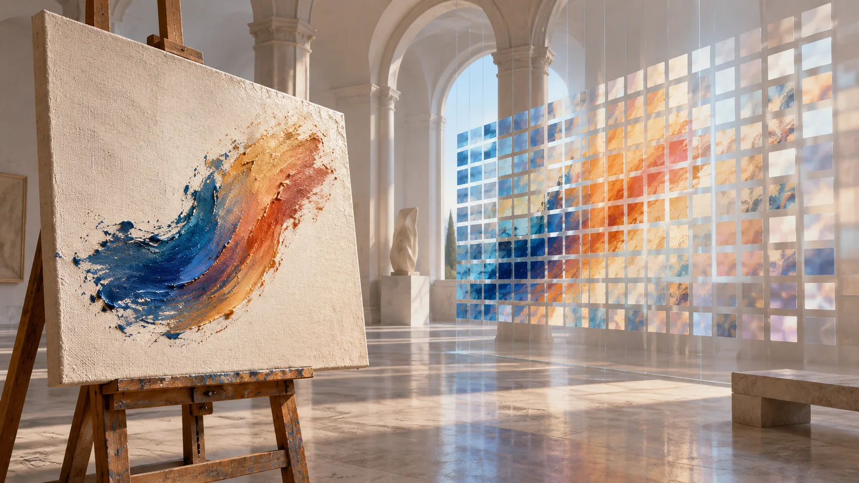 Conceptual illustration of a textured artist canvas beside a luminous grid of digital color tiles in a quiet gallery