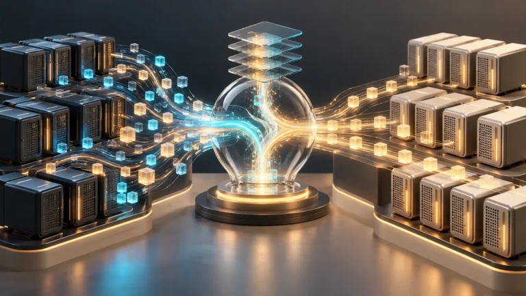 Luminous packets pass through a glass gateway between groups of computing modules beneath translucent memory layers