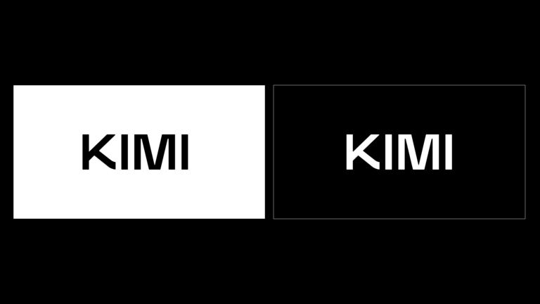 Two complete official Kimi wordmarks in white and black on contrasting panels