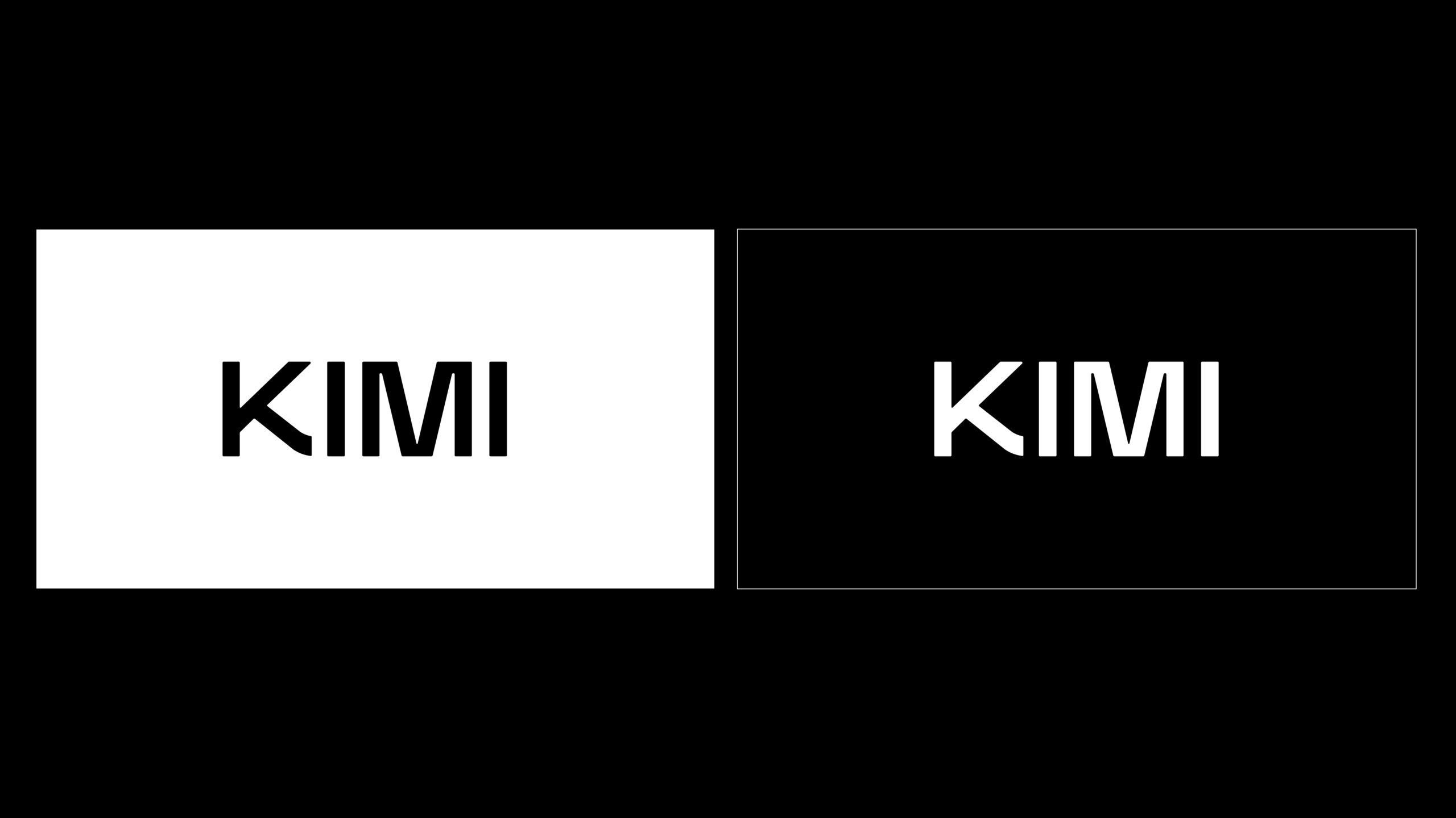 Two complete official Kimi wordmarks in white and black on contrasting panels