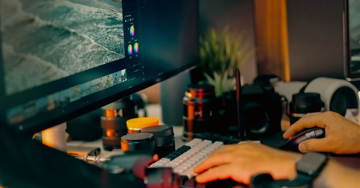 Hands at a photo editing workstation with an ocean image on a monitor and camera equipment on the desk