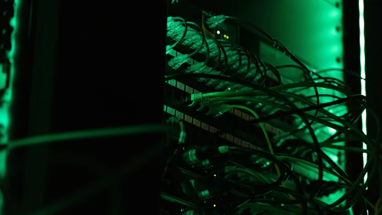 Rows of network ports and connected cables inside a rack under green lighting