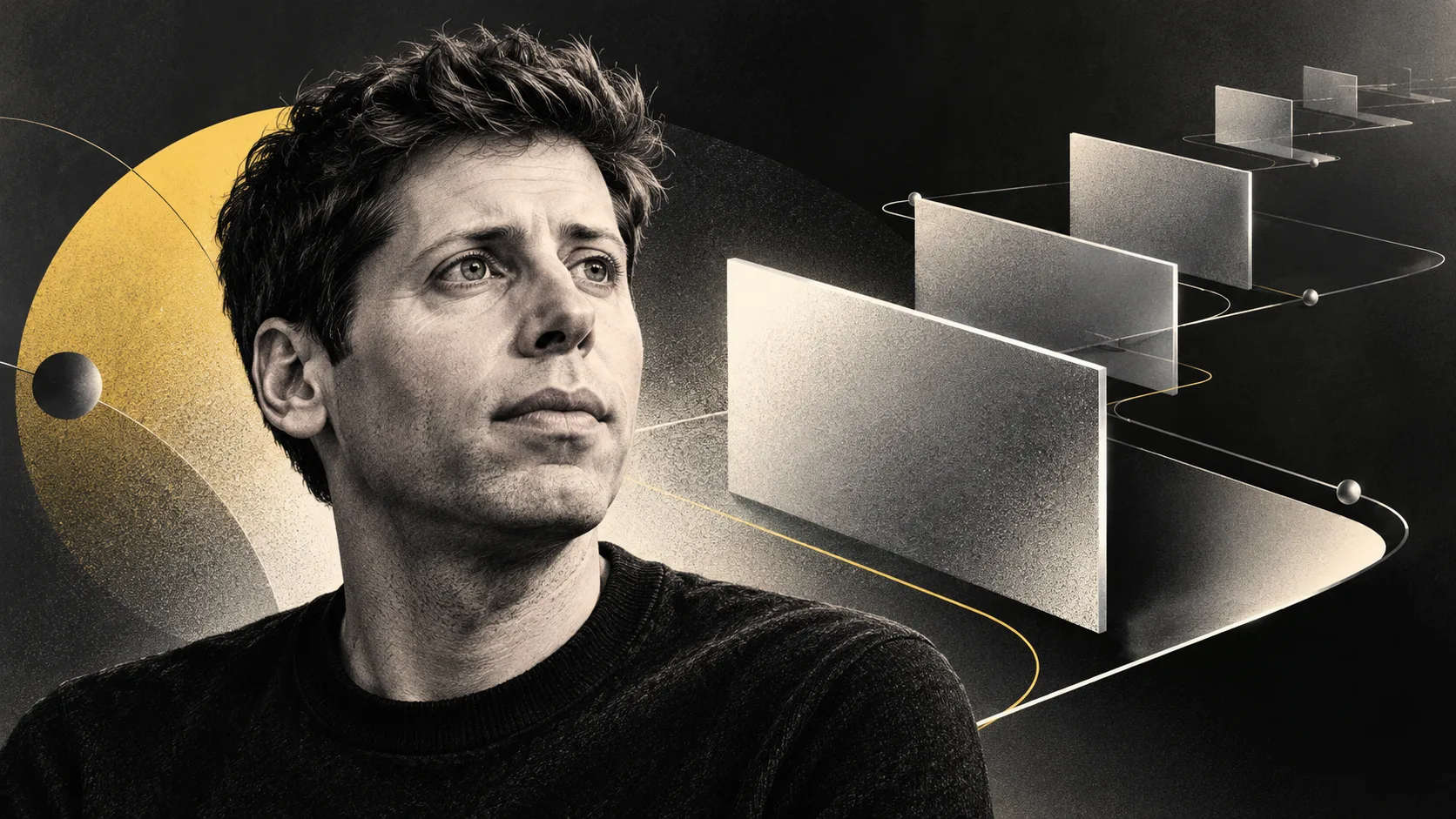 AI generated editorial illustration of Sam Altman beside abstract model roadmap planes