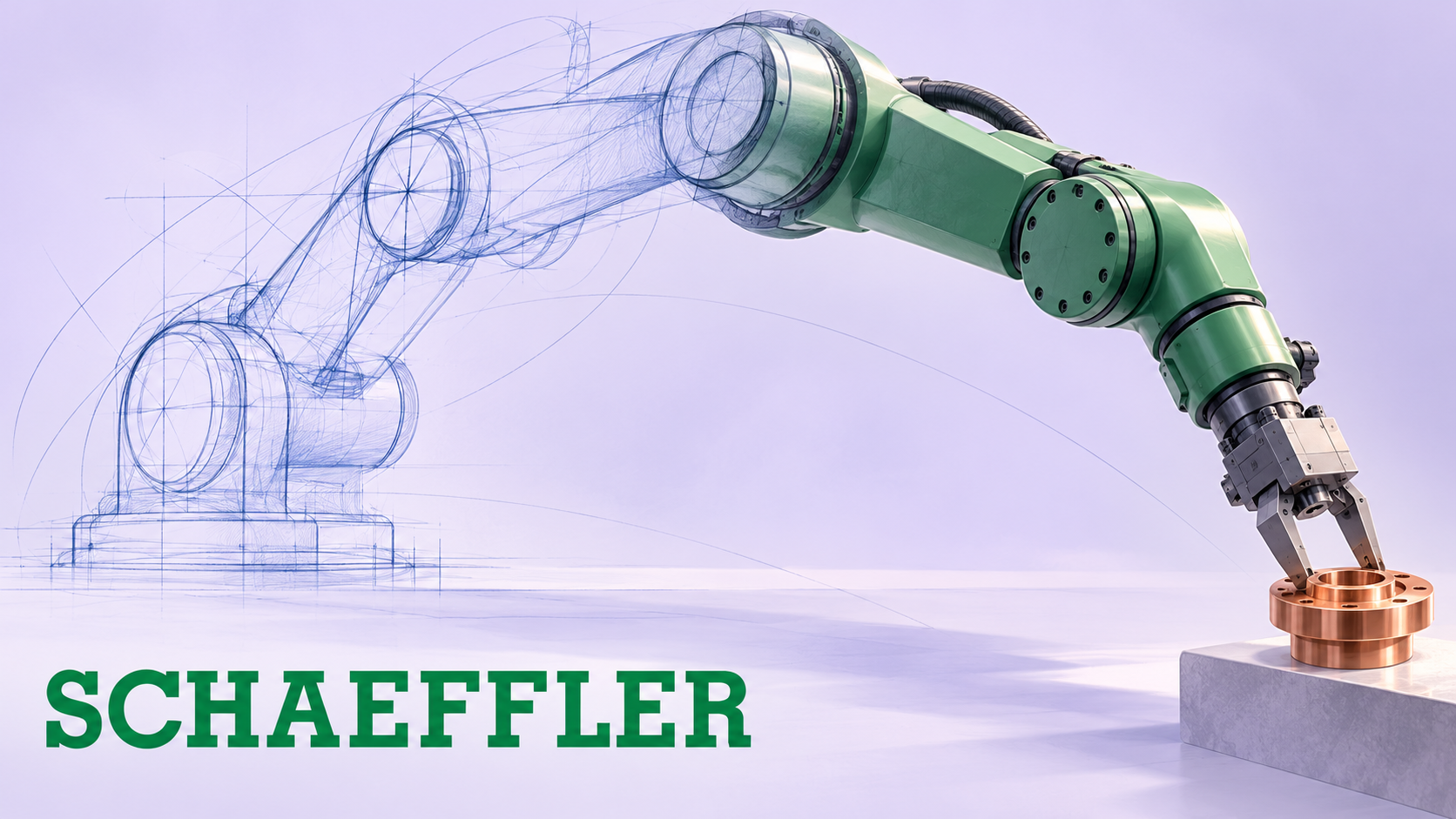 Schaeffler wordmark below a conceptual robot arm changing from sketch to solid illustration