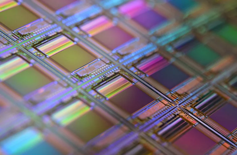 A close view of iridescent rectangular chip dies on a silicon wafer