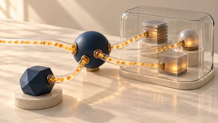 An abstract navy hub routes amber beads toward computing modules inside and outside a glass enclosure