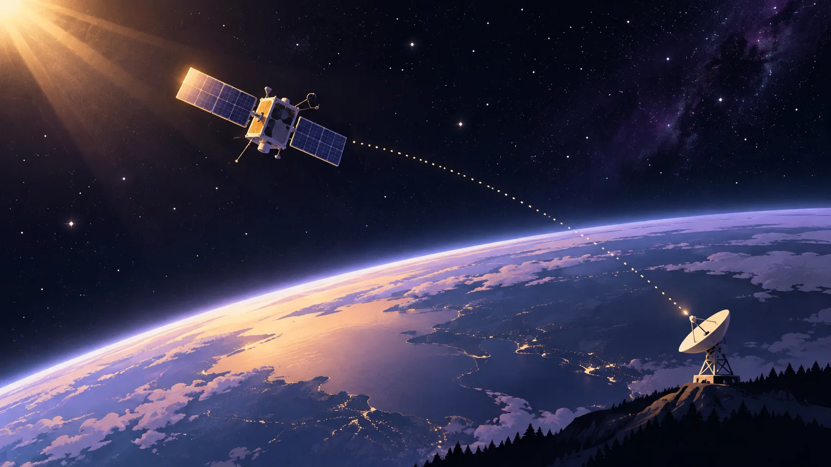 Original AI generated conceptual editorial illustration of a small research satellite above Earth linked by a dotted radio path to a receiving dish.