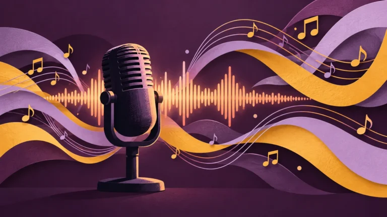 A microphone sits among peach sound waves and lavender and gold music ribbons