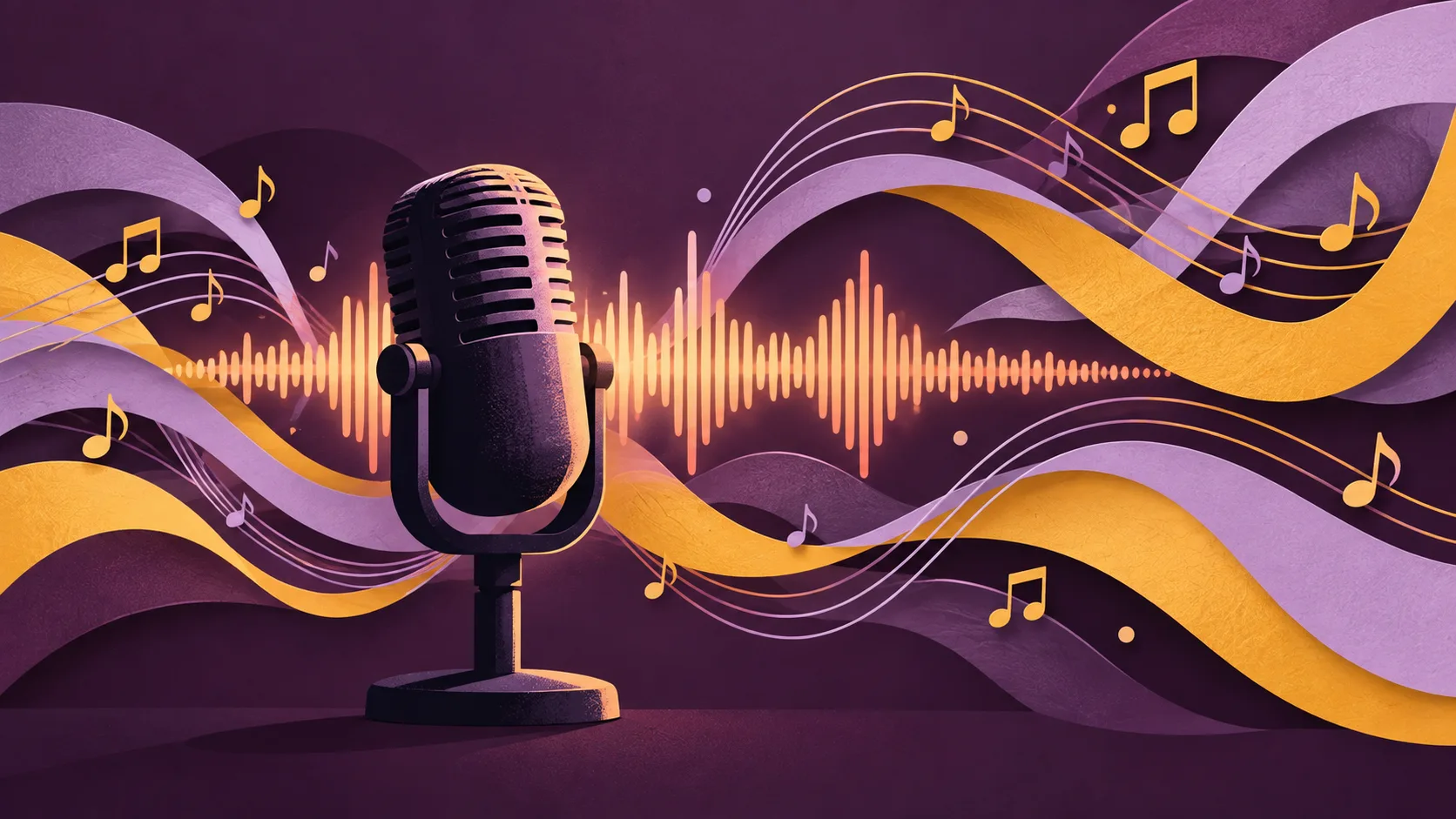 A microphone sits among peach sound waves and lavender and gold music ribbons