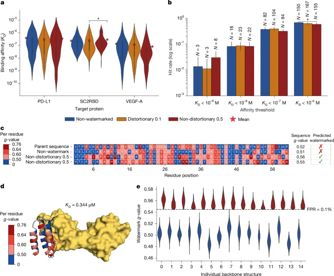 SynthID Bio research figure comparing binding performance and watermark detection in designed proteins