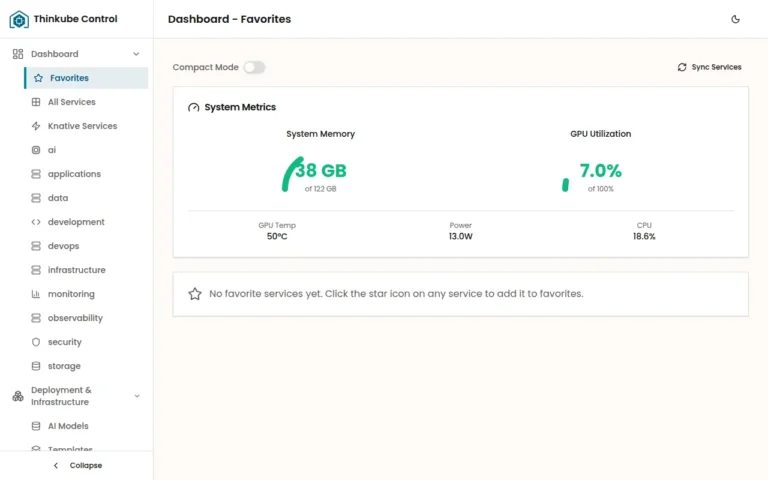 Thinkube Control dashboard showing memory and GPU metrics beside navigation for platform services