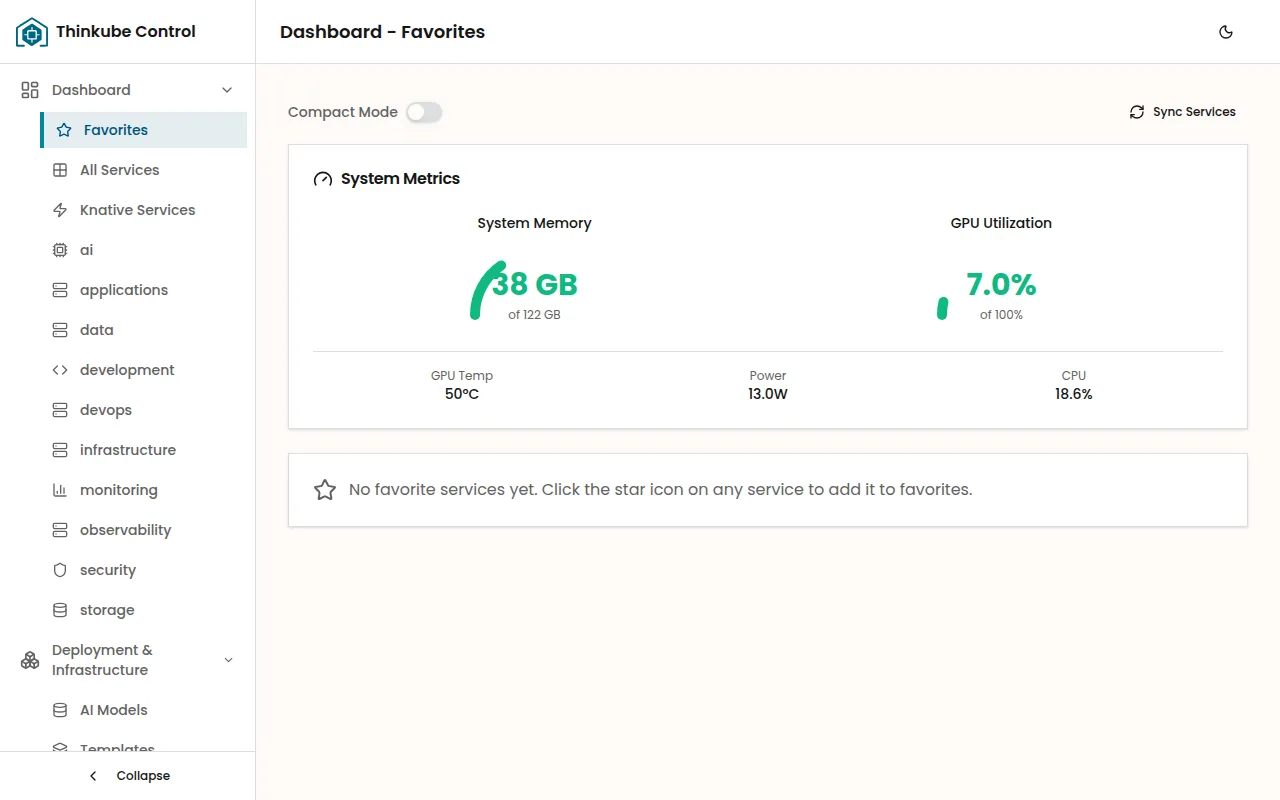 Thinkube Control dashboard showing memory and GPU metrics beside navigation for platform services