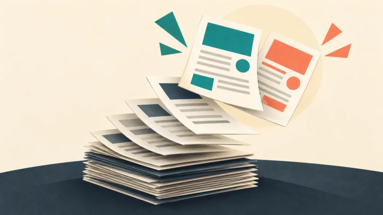 Teal and coral highlighted documents rise above a stack of cream and slate pages