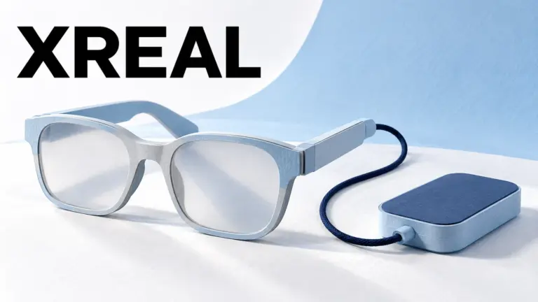 XREAL wordmark above pale blue paper glasses linked by a navy cord to a rounded rectangular companion block.