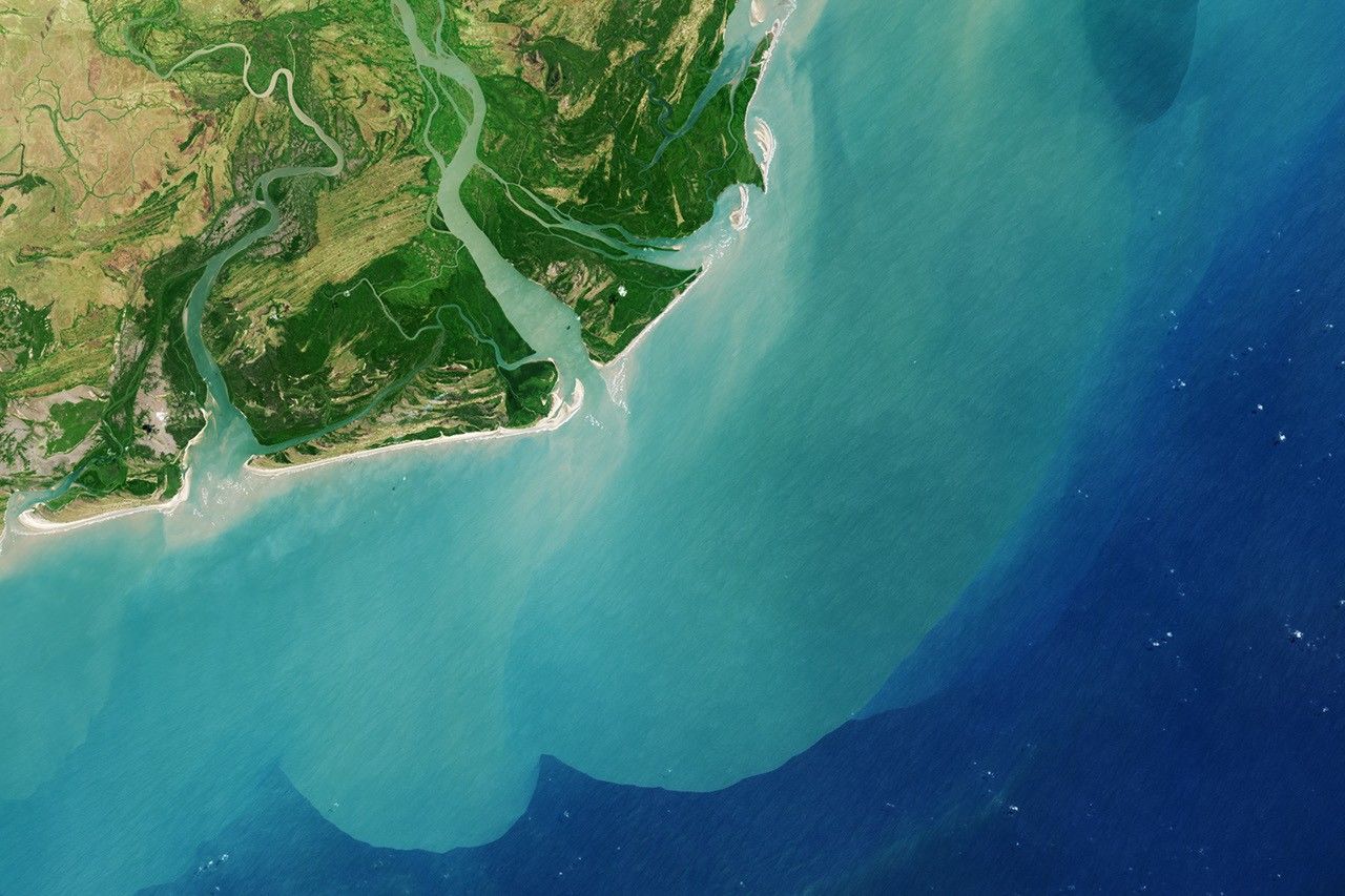 Landsat 8 view of the Zambezi Delta with green wetlands and turquoise sediment flowing into the Indian Ocean