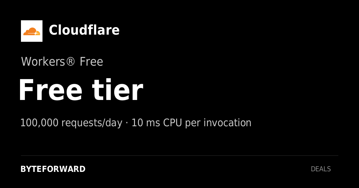 Cloudflare. Workers® Free. Free tier. 100,000 requests/day · 10 ms CPU per invocation.